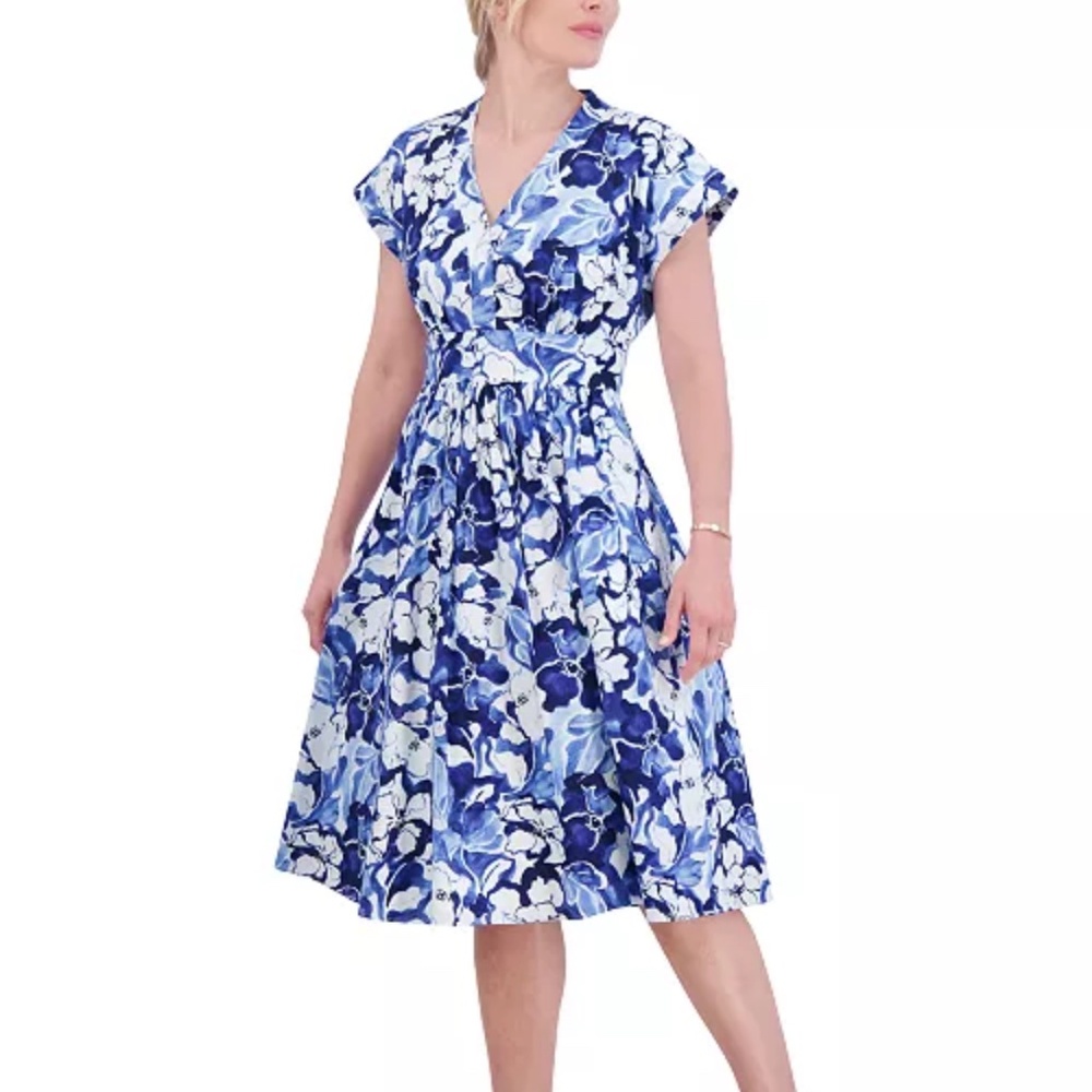 Jessica Howard Sleeveless Floral Blue/White A-Line Midi Dress Cotton Lined 8